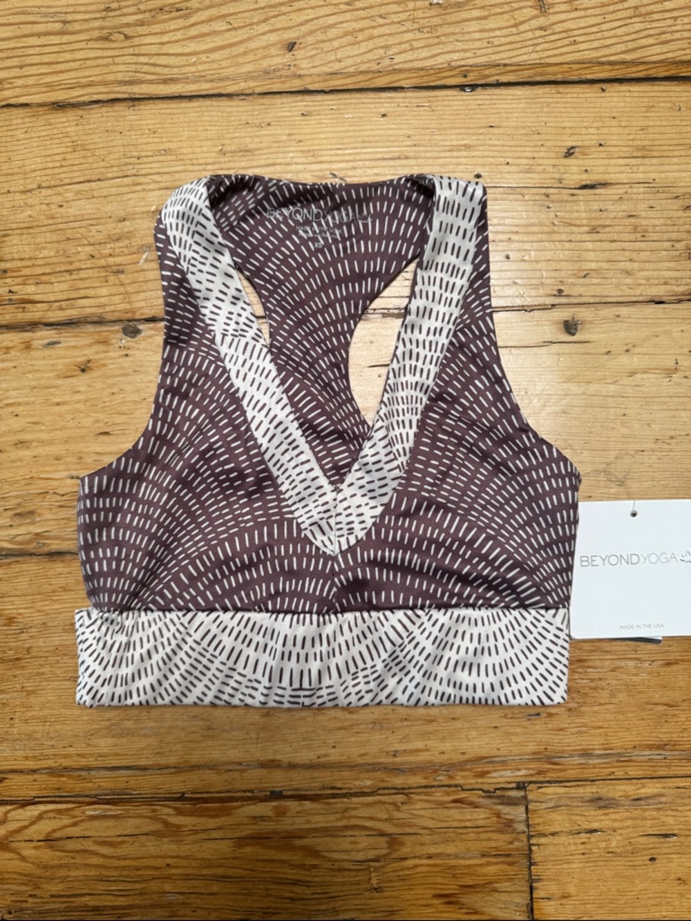 Beyond Yoga Brown and Cream Patterned V-Neck Sports Bra